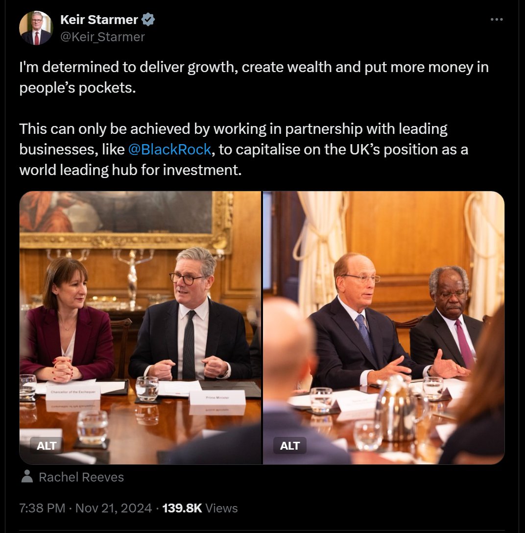 banthebbc's tweet image. 🚨🔥WOW - creating wealth "can only be achieved by working with BlackRock" - Kier Starmer

Clear as day what he is doing. Using government tax policy to force asset sales into the hands of global investment managers.