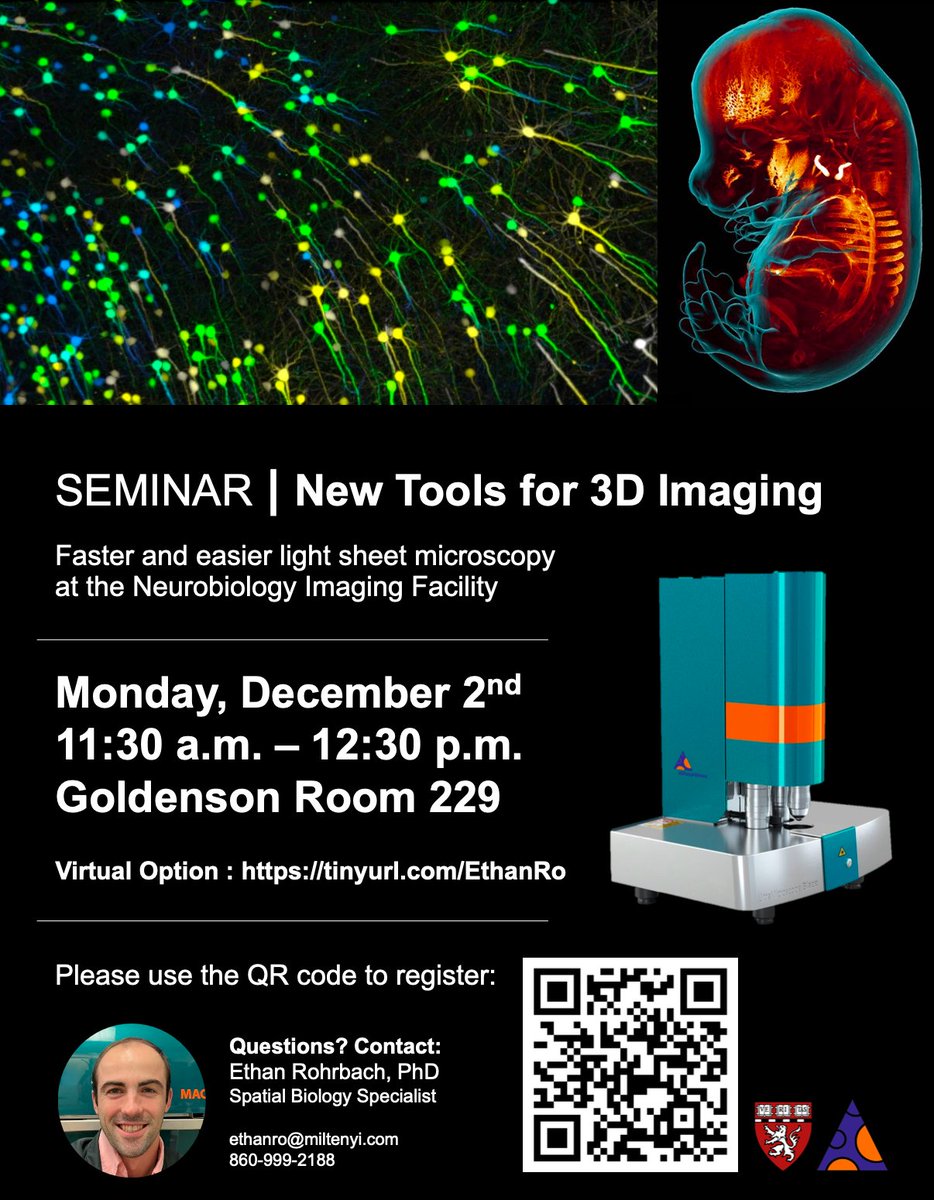 Please join us for a seminar on 12/2 at 11:30am
New Tools for 3D Imaging
Faster and easier light sheet microscopy
at the Neurobiology Imaging Facility
Goldenson Room 229
Register here: forms.office.com/pages/response…