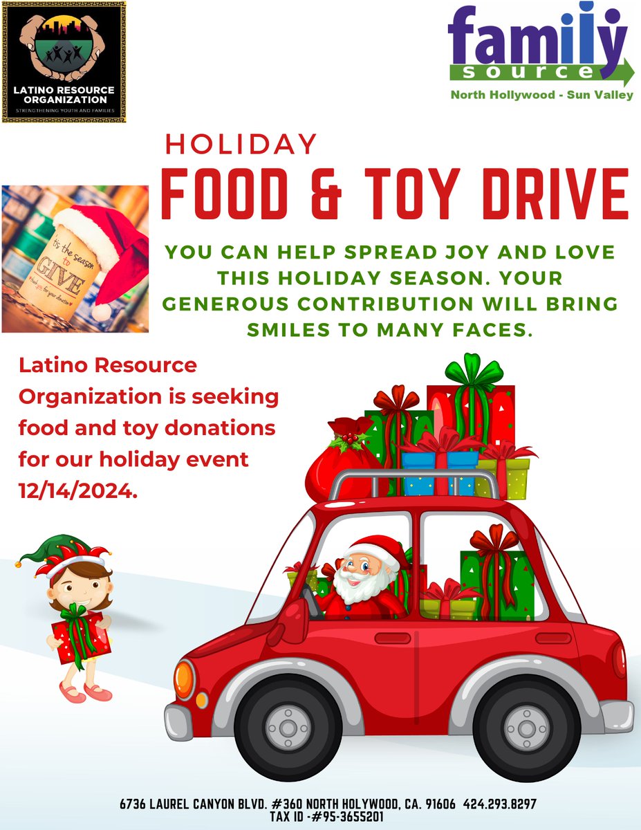 'Tis the season to give back to our community. As part of their critical social services, Latino Resource Organization is hosting a Holiday Food and Toy Drive to help spread love and joy to our neighbors in need. Your donations will bring love and warmth to many this winter!
