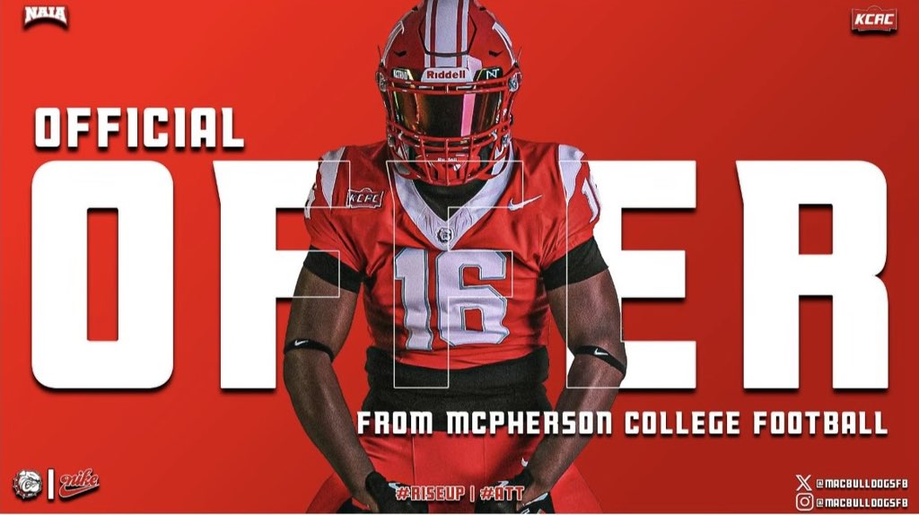 Very blessed to receive an offer from <a href="/CoachLeppke/">Mitch Leppke</a> and <a href="/MACBulldogsFB/">McPherson Football</a> to play at the next level! Looking forward to the future! All glory to Christ. <a href="/PryorTigerFB/">Pryor Tiger Football</a> <a href="/Pryor_Athletics/">Pryor Athletics</a> <a href="/Coach_DavisPHS/">Kenny Davis</a> <a href="/CoachSaiz10/">Clayton Storm Saiz</a>
