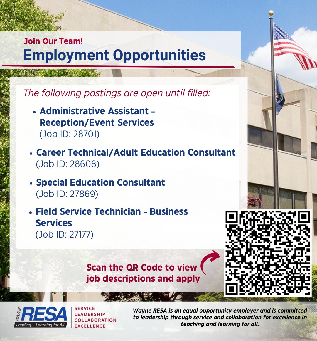 We're hiring!  Check out our latest job postings to see how you could be a part of student success in Wayne County.  For more information or to apply, visit: applitrack.com/resa/onlineapp…
