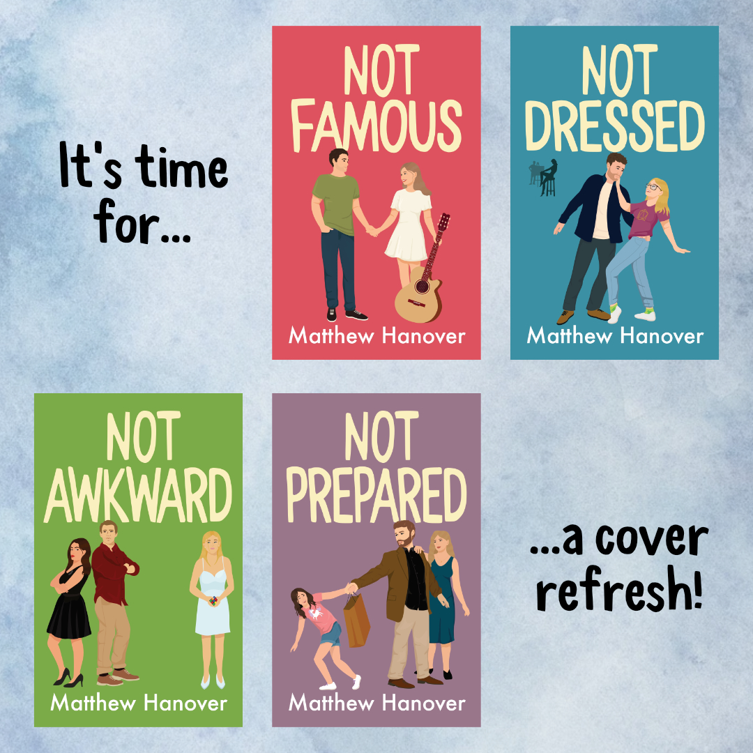 Well, it's time to reveal the refreshed cover designs! The ebooks on Amazon are updating as we speak, and the updated paperbacks should be ready soon!

What do you think?

#indieauthor #coverreveal #romcom #ladlit #illustratedcover #bookdesign