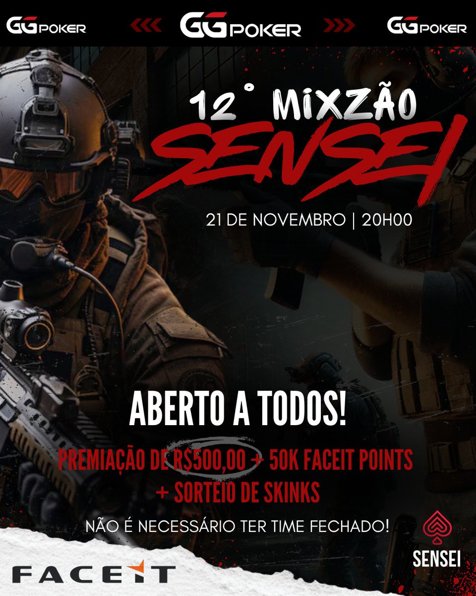 HOJEEE - Quinta-Feira 

Salve GALERA! 12º Mixzão na area.
Mixzão essa semana vai ser HOJE.

1º - 500 Reais + 25k FACEIT Points
2º - 25k FACEIT Points

Chama a galera e vem jogar! 19:30 no discord com anti-cheat da face it instalado para iniciarmos as 20hrs.