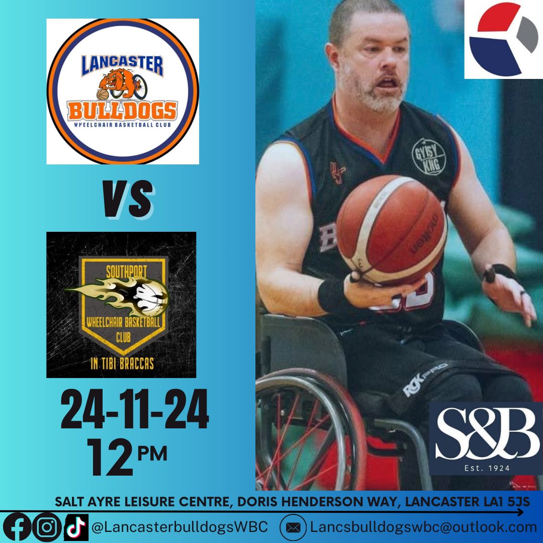 The Bulldogs are hoping to get back to winning ways this Sunday where we host Southport wheelchair basketball club. 
⏰ 12 PM
📆 24-11-24
📍Salt Ayre Leisure centre, Doris henderson way Lancaster LA1 5JS

Sundays Match is Sponsored by @standfastandbarracks