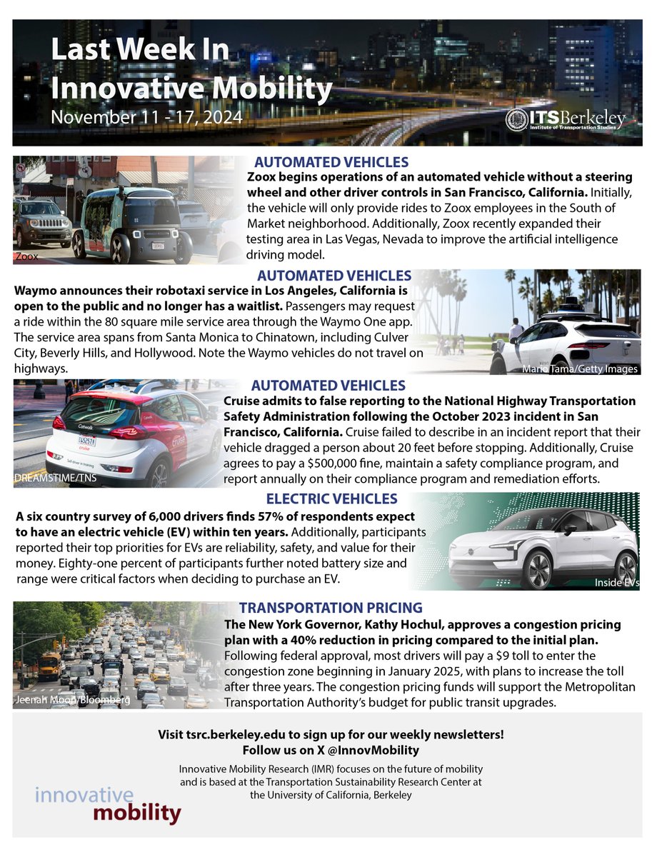 UC Berkeley's Innovative Mobility Updates for week of November 11 to 17, 2024; please see:  tsrc.berkeley.edu/sites/default/…

To receive our latest updates, please subscribe at: tsrc.berkeley.edu (bottom of homepage).

Note views are my own. #AV #driverless #EV #congestionpricing