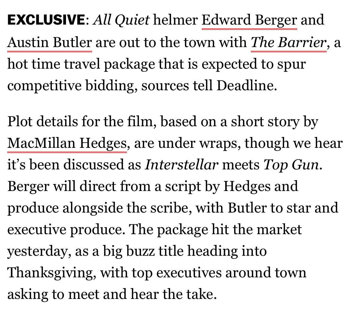 <더 베리어> 
멕밀란 헤지스의 단편 소설을 원작으로 하는 시간여행 이야기로, 에드워드 버거 감독이 제작과 각본을, 오스틴이 주연과 총괄 프로듀싱을 맡는다고 함🥹🔥