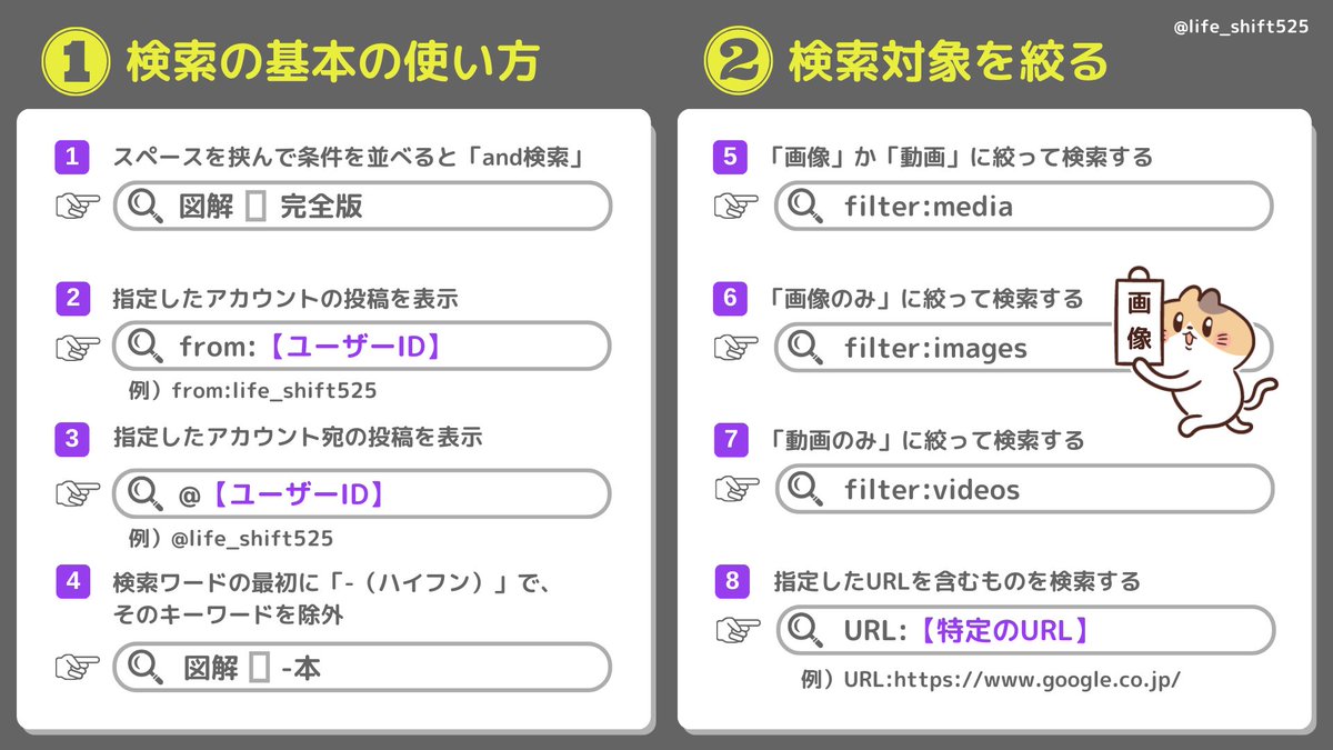 life_shift525's tweet photo. 検索ってなに？
という方は、こちらの図解をぜひご覧ください！
Xの検索コマンドについて解説しています。
上記を反映した改訂版です。

今回のコマンドは18番。ヘビロテしてます！ 

コマンド自体は覚えなくても大丈夫。
よく使いそうなものは、スマホやPCの
辞書に登録しておこう💡 https://t.co/euzDoKJkZ0
