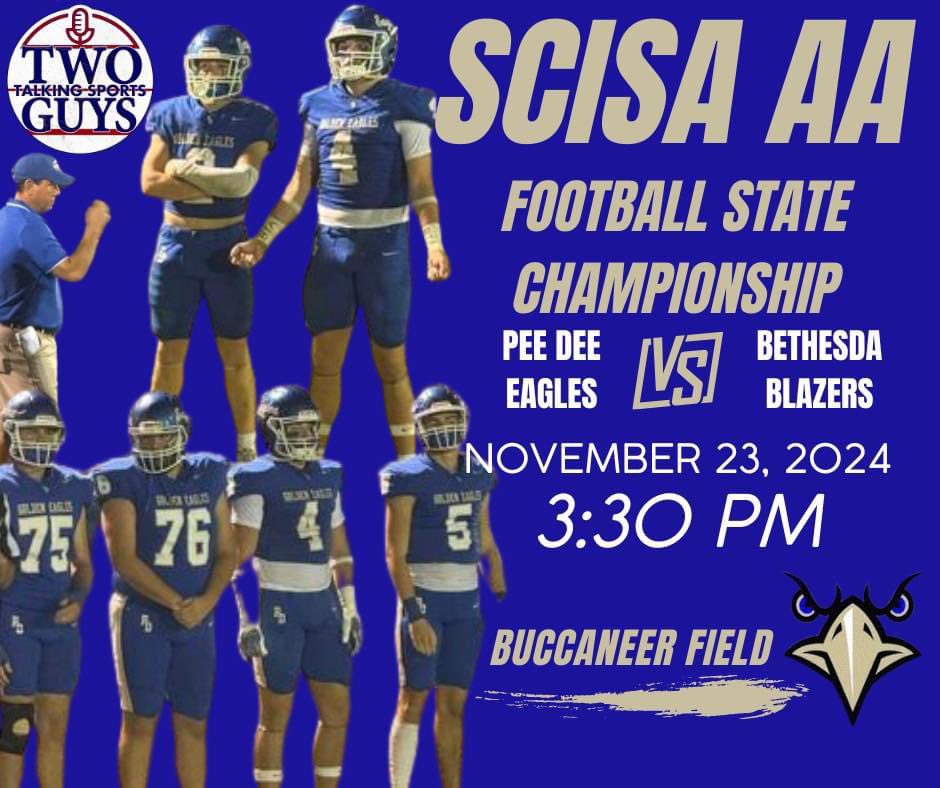 TwoGuysTalkingSports (@two_guys_sports) on Twitter photo It all comes down to this Saturday for <a href="/PeeDeeFootball/">Pee Dee Academy Football</a> as they take on Bethesda Academy in the SCISA AA State Championship game.
Kickoff is scheduled for 3:30 PM at Charleston Southern University. It all comes down to this Saturday for <a href="/PeeDeeFootball/">Pee Dee Academy Football</a> as they take on Bethesda Academy in the SCISA AA State Championship game.
Kickoff is scheduled for 3:30 PM at Charleston Southern University.