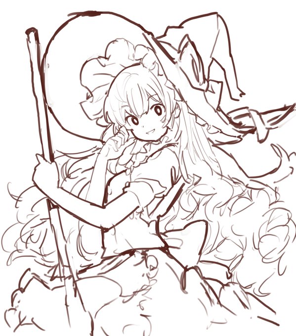ほうき持った魔理沙落書きあたり線画 