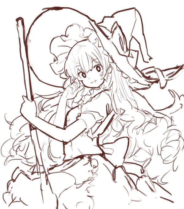 ほうき持った魔理沙落書きあたり線画 