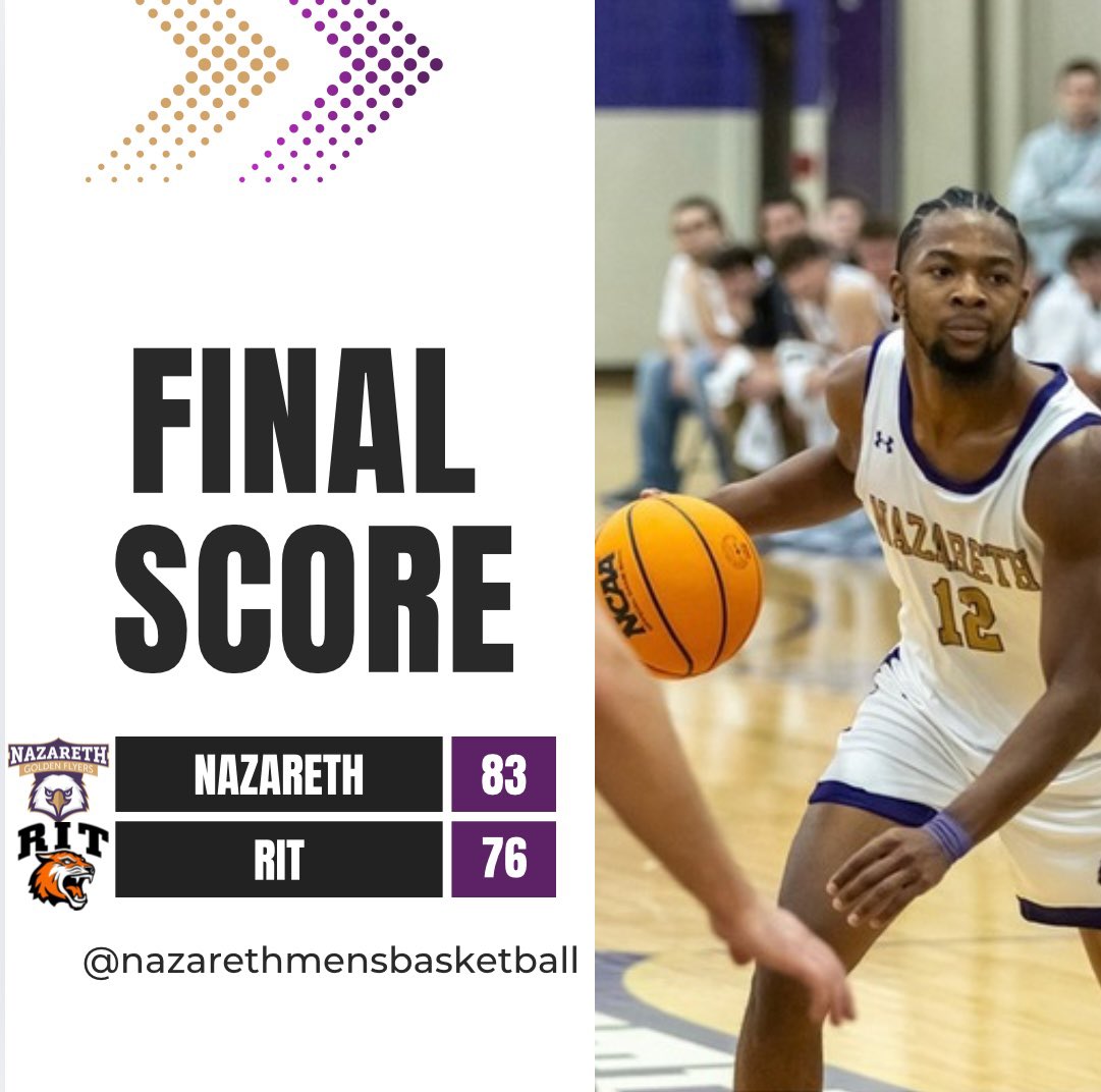 NazBasketball's tweet photo. Nazareth pulls off an overtime thriller win over RIT! Jaylen Savage led the way with a career high 33 points! Luke Insley added a career high 24 points!
Back at it Saturday at UofR at 8pm
#FlyWithUs https://t.co/JeymlpmnLc