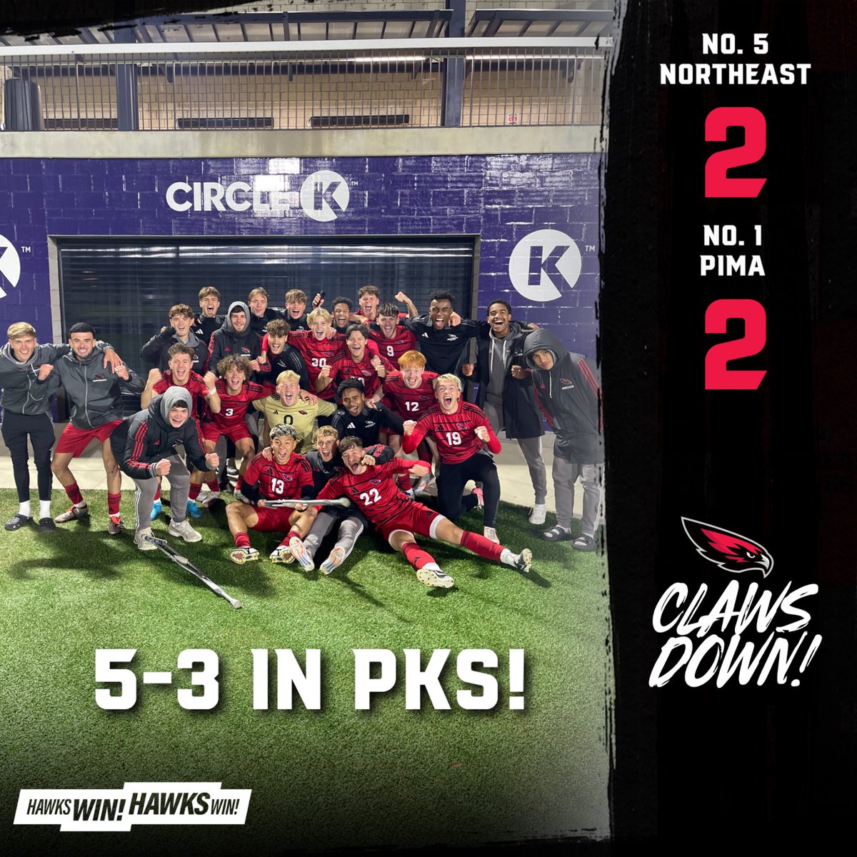𝙃𝙖𝙬𝙠𝙨 𝙒𝙞𝙣! 𝙃𝙖𝙬𝙠𝙨 𝙒𝙞𝙣!

No. 5 Northeast comes back from down 2-0 and takes down No. 1 Pima in a penalty shootout to advance to the 𝐍𝐀𝐓𝐈𝐎𝐍𝐀𝐋 𝐅𝐈𝐍𝐀𝐋 for the first time in program history!

#ClawsDown | 🔴⚫️⚪️⚽️