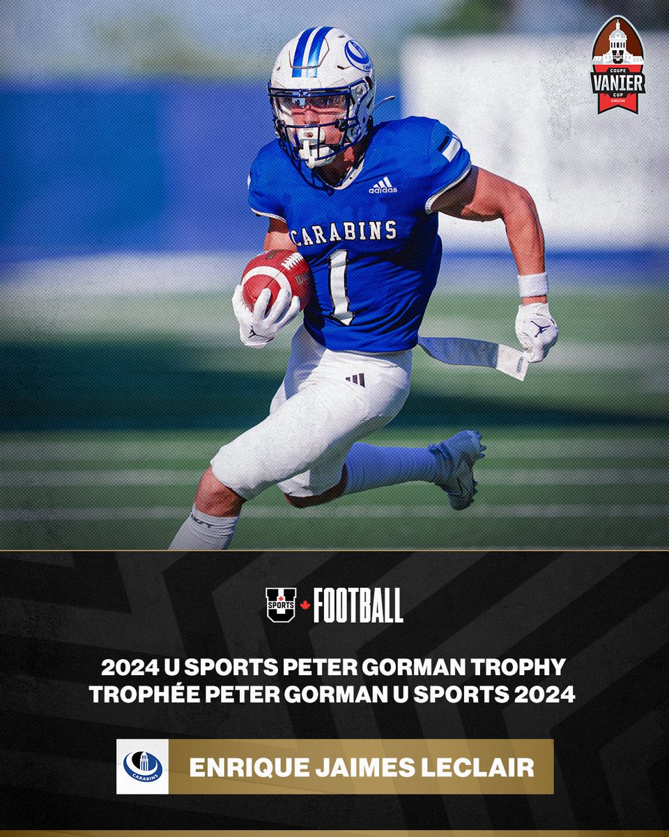 USPORTSca's tweet photo. 🏈🏆 Enrique Jaimes Leclair of the Montréal Carabins wins the 2024 Peter Gorman Trophy as the U SPORTS Rookie of the Year!

🏈🏆 Enrique Jaimes Leclair des @Carabins remporte le Trophée Peter Gorman 2024 à titre de Recrue U SPORTS de l'année !

@RSEQ1 

#ChaseTheGlory | #ViserHaut