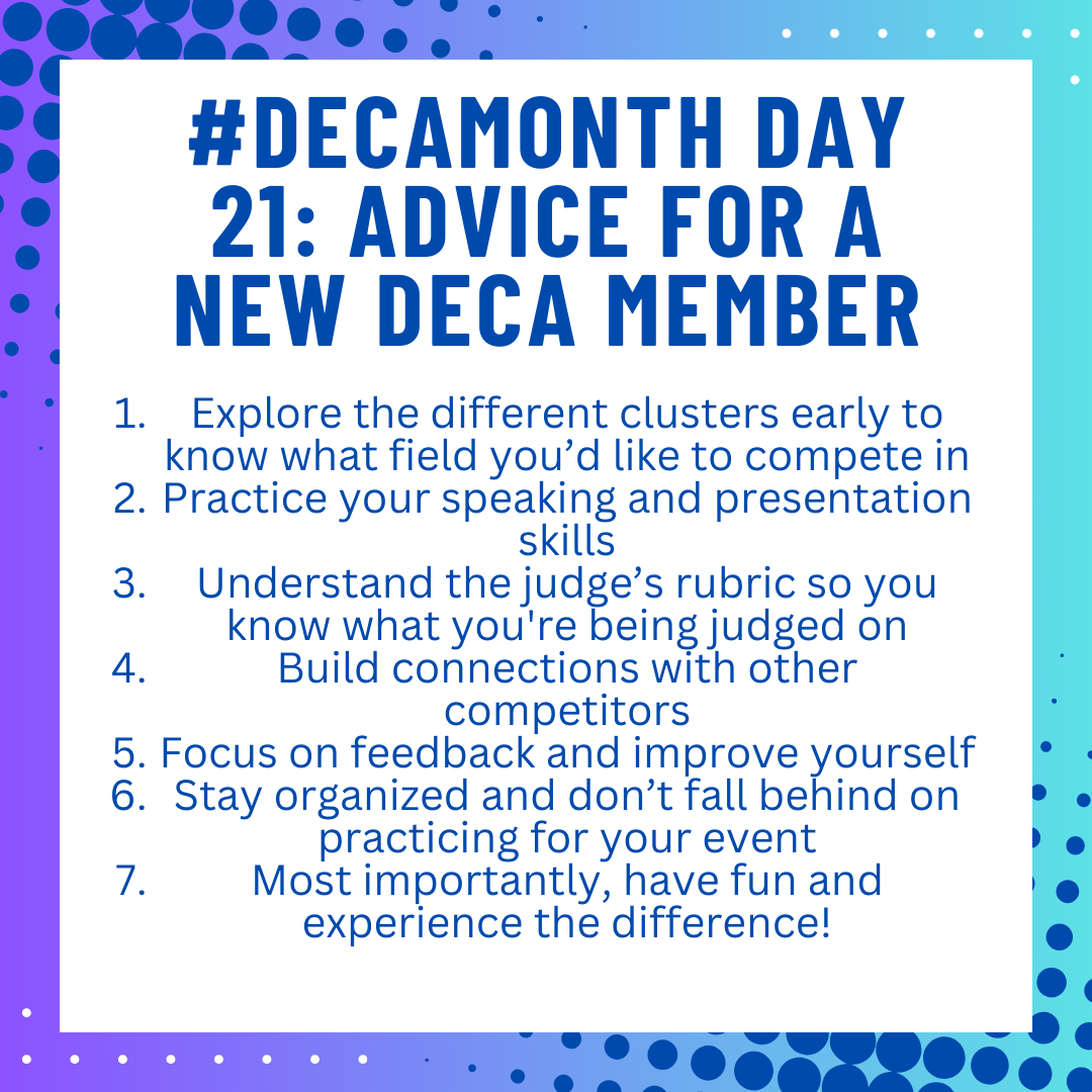 wghs_deca's tweet image. It's day 21 of #decamonth and here is Tarun's advice for new DECA members! We have a lot of new members this year so be sure to read this thoughtful advice