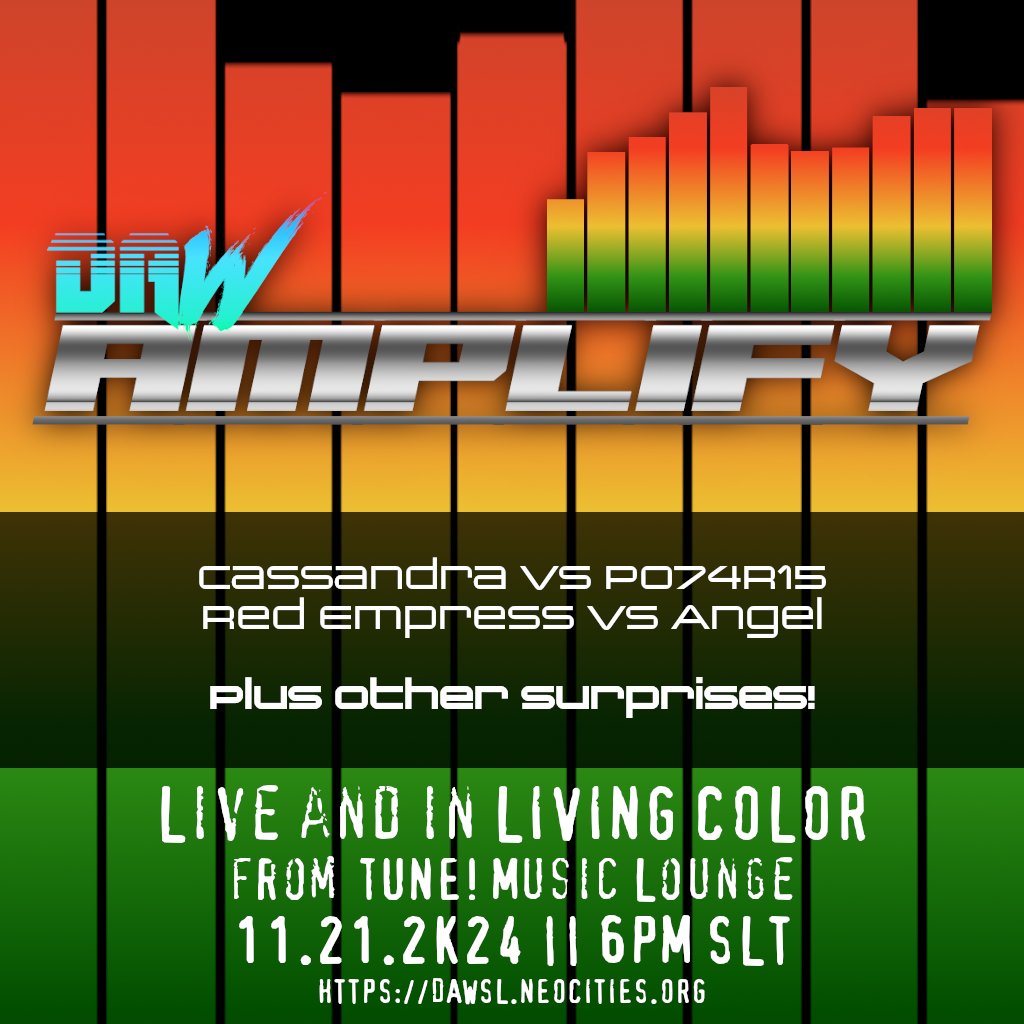 It's time to #RiseAbove once again as ｢ #DAWAmplify ｣ Season 3 continues TONITE at 6PM SLT, live from TUNE! Music Lounge in #SecondLife!

It's an action packed show with twists and turns abound, LIVE beginning at 6PM SLT! Come on down and #GetLOUD!

LM: maps.secondlife.com/secondlife/Bli…