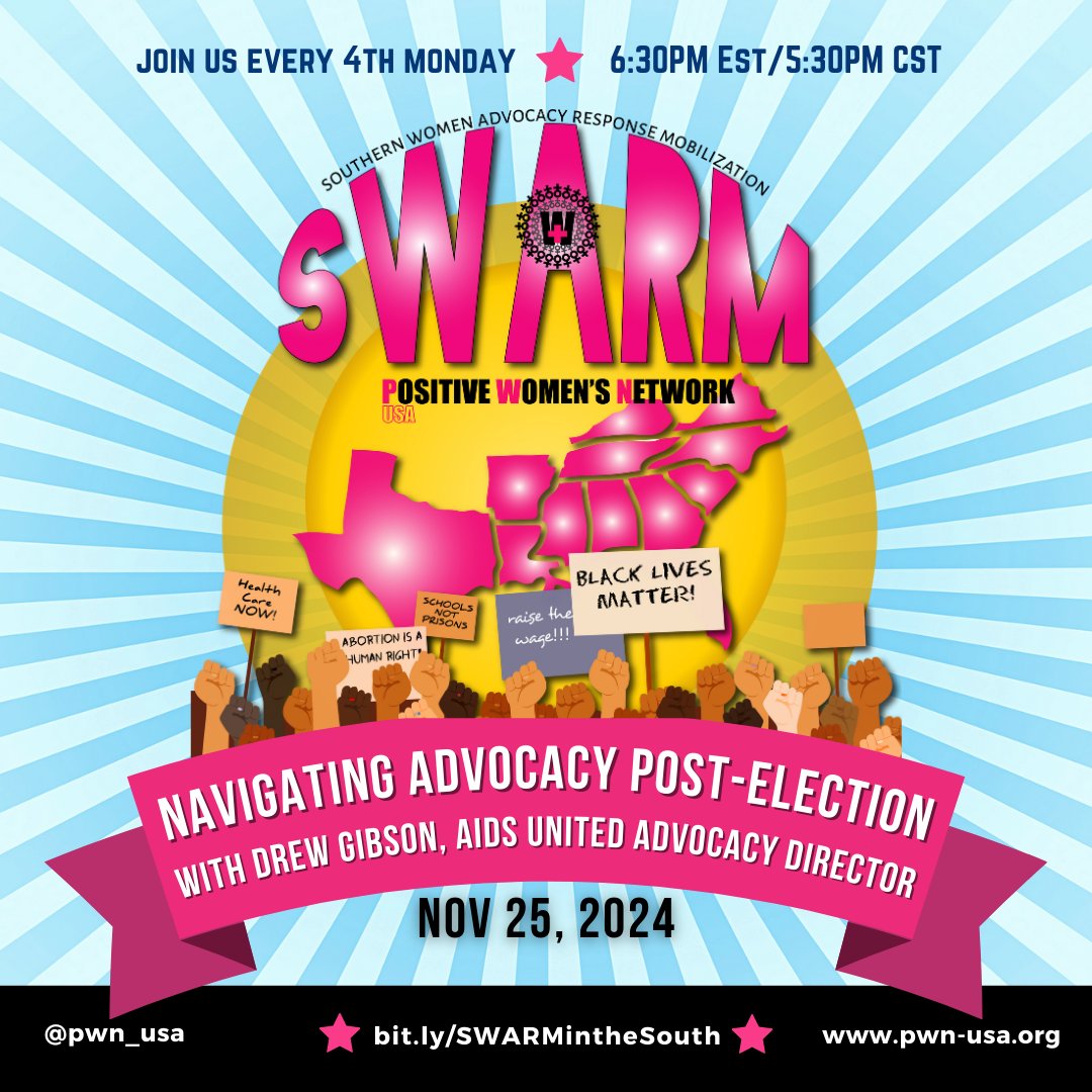 Join us for our quarterly SWARM meeting on Mon, 11/25 @ 6:30 PM ET/ 5:30 PM CT! We will be joined by Drew Gibson, AIDS United Advocacy Director to discuss advocacy &amp; organizing post-election. 📢 Register at bit.ly/SWARMintheSouth ❤️‍🔥