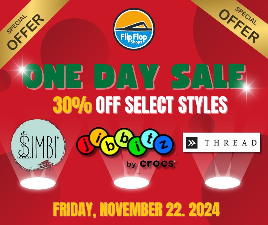 GPOguam's tweet photo. Don’t miss out! One Day Sale at Flip Flop Shops – 30% off select styles from Simbi, Jibbitz by Crocs, and Thread. This Friday, November 22, 2024!*
*EXCLUSIONS MAY APPLY.
#gpoguam #guampremieroutlets #guam #guamshopping https://t.co/lQKCEnDs5p