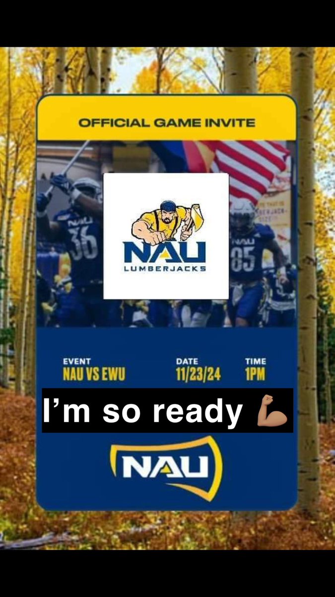 I’m very grateful to be invited to NAU for a game day visit. I’m super excited to watch <a href="/NAU_Football/">NAU Football</a> compete against a really good program in EWU <a href="/Coachbwright4/">Brian Wright</a> <a href="/CoachAdamClark/">Adam Clark</a> <a href="/alaqcfootball/">ALA QC Football</a> <a href="/azblackbox/">Coach_Joel_Anderson</a> <a href="/PatriotsDC/">James Verenski</a> <a href="/tsdevil64/">Travis Scott</a>