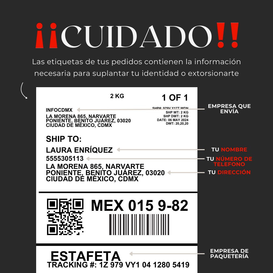 📦 ¿Ya llegaron esos paquetitos del Buen Fin? 👀
Ten cuidado, las etiquetas pueden revelar más información de la que crees: tu nombre, dirección, teléfono... justo lo necesario para extorsionarte o robar tu identidad.

#ProtegeTusDatos #INFOCDMX #BuenFin