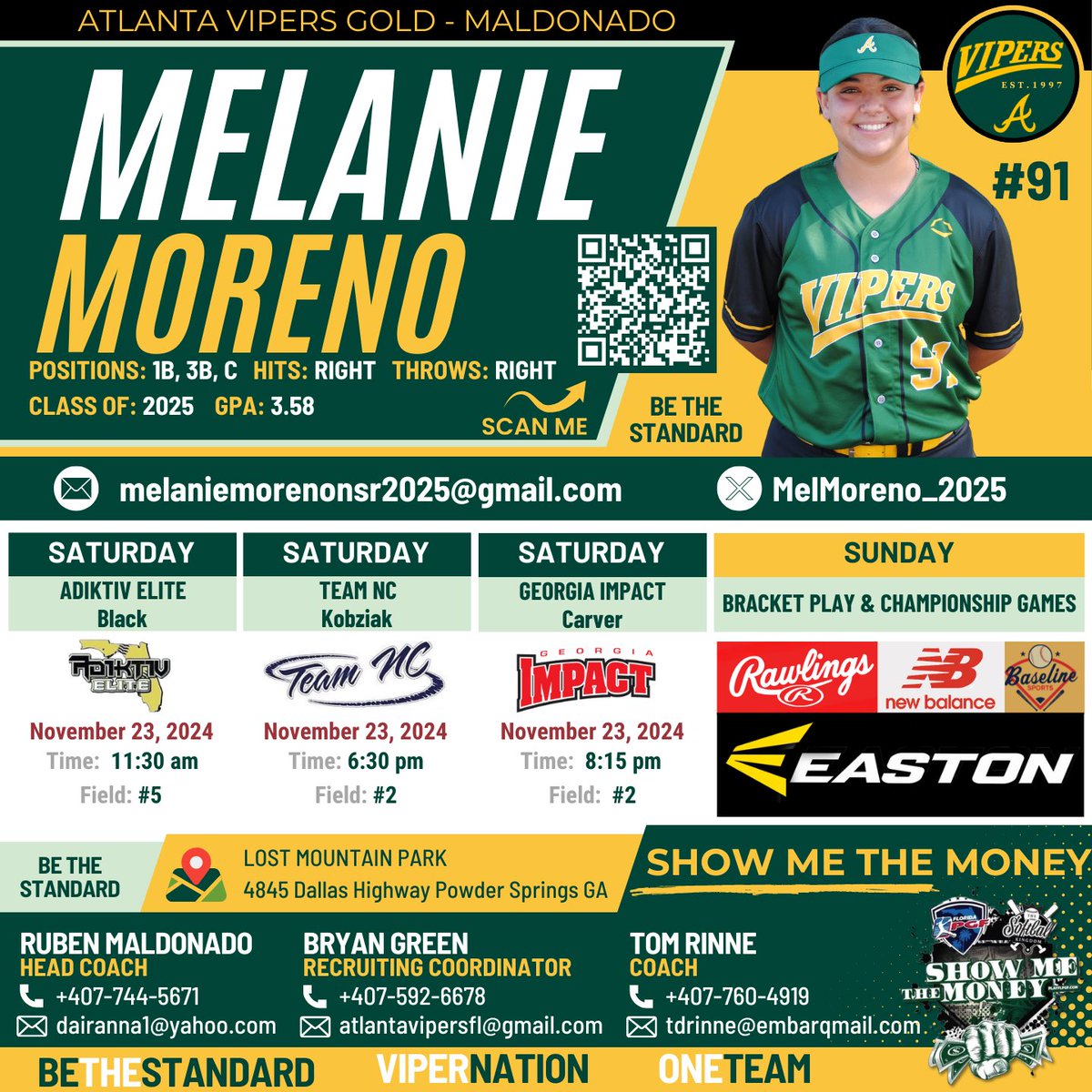 Last tournament for the fall season😢. But we are going to end off with a BANG at Show me The Money in Georgia!! I can't wait to hit the field with my teammates. Show up, and SHOW OUT!!!
<a href="/07Vipers/">Atlanta Vipers Gold '07 - Maldonado</a> <a href="/SBRRetweets/">Softball Recruiting Reposts</a> <a href="/ExtraInningSB/">EXTRA INNING SOFTBALL</a> <a href="/PlayBookAthlete/">PLAYBOOK ATHLETE</a> <a href="/TopPreps/">SPORTS NEWS, VIDEOS, GRAPHICS, EXPOSURE & MORE</a> <a href="/CoastRecruits/">Coast 2 Coast Recruits</a>