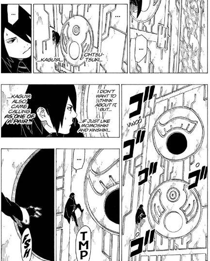 NarutoExplained's tweet photo. In the manga neither Sasuke or Naruto had ever considered there were more otsutuski

IF the scroll said something about the clan or MULTIPLE pairs, they wouldn't have been shocked. Sasuke hadn't even considered there had been another pair

The clan line is Boruto anime only https://t.co/WDSt85RmkG