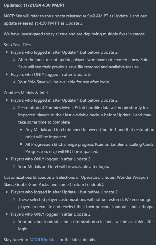🛠️  #BlackOps6 #Zombies

We have released a fix to address some profile data and Solo save issues, and are planning a future restoration pass for users who fall under specific criteria. Details below. 👇

trello.com/c/sphBXRSb
