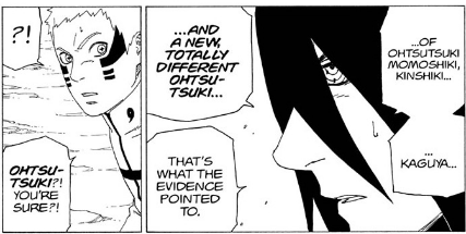 NarutoExplained's tweet photo. In the manga neither Sasuke or Naruto had ever considered there were more otsutuski

IF the scroll said something about the clan or MULTIPLE pairs, they wouldn't have been shocked. Sasuke hadn't even considered there had been another pair

The clan line is Boruto anime only https://t.co/WDSt85RmkG