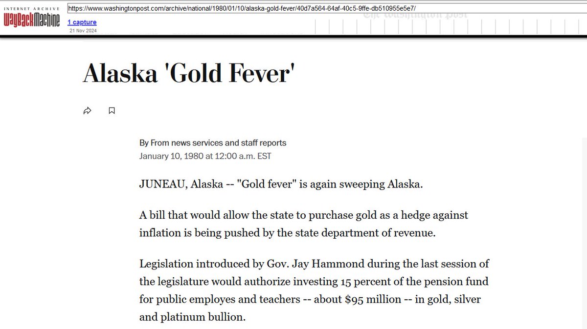 Bitcoin Bros....Be very careful what you wish for. At the height of the  Gold and Silver boom in Jan 1980, the Governor of Alaska introduced a bill  to put 15% of their
