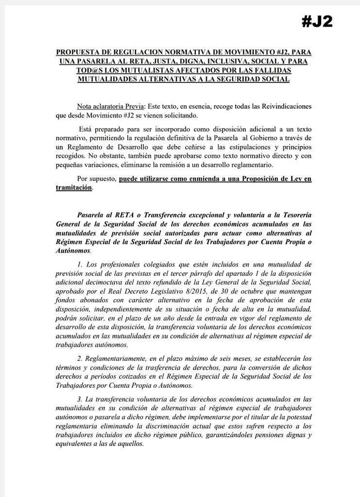 MovimientoJ2's tweet photo. Ante la Proposición de Ley presentada hoy por el @gpscongreso, @SaizElma e @inclusiongob facilitamos la PROPUESTA DE REGULACIÓN NORMATIVA DE MOVIMIENTO #J2 PARA UNA PASARELA AL RETA JUSTA, DIGNA, INCLUSIVA, SOCIAL Y PARA TOD@S, que recoge todas nuestras Reivindicaciones esenciales.
#UnicaSoluciónPasarela1x1
#SomosLosJ2