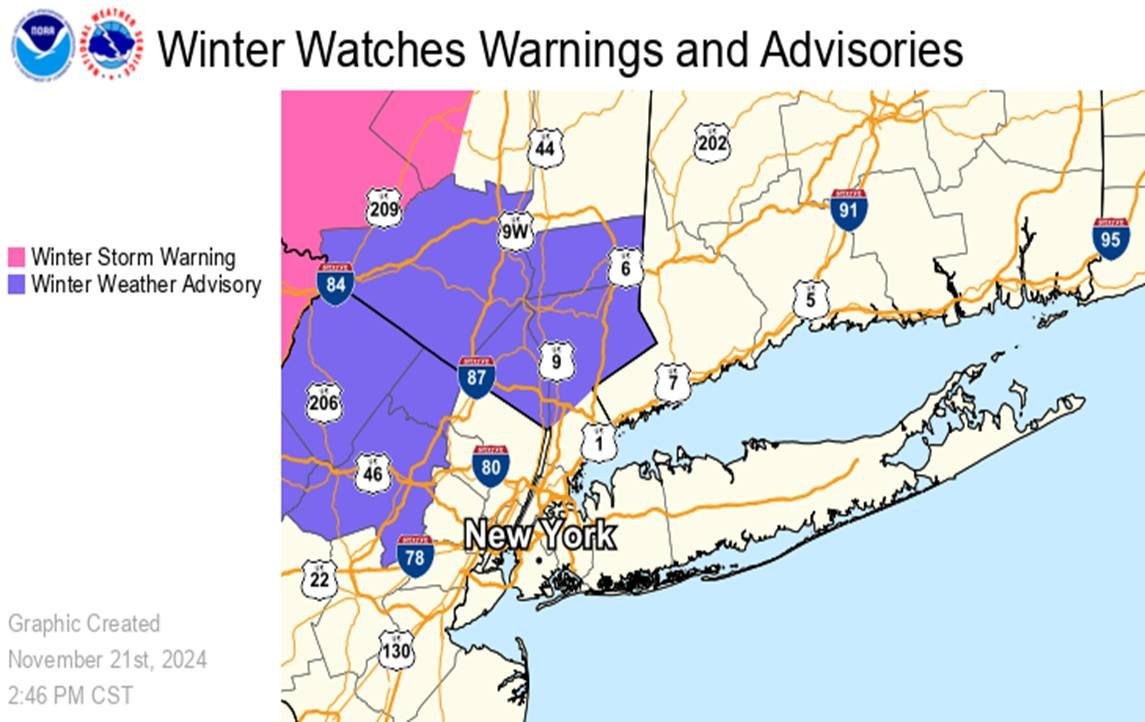 NWSNewYorkNY's tweet photo. Winter Weather Advisory for portions of NE NJ &amp; Lower Hudson Valley from 7pm tonight-10 am Fri morning. Rain changes to snow or rain/snow mix in these areas.  2"-4" for locations > 500 ft with the higher amounts >1000 ft. #NYwx #NJwx #CTwx #snow #firstflakes #firstsnowfall https://t.co/Jx3ia7gsq4