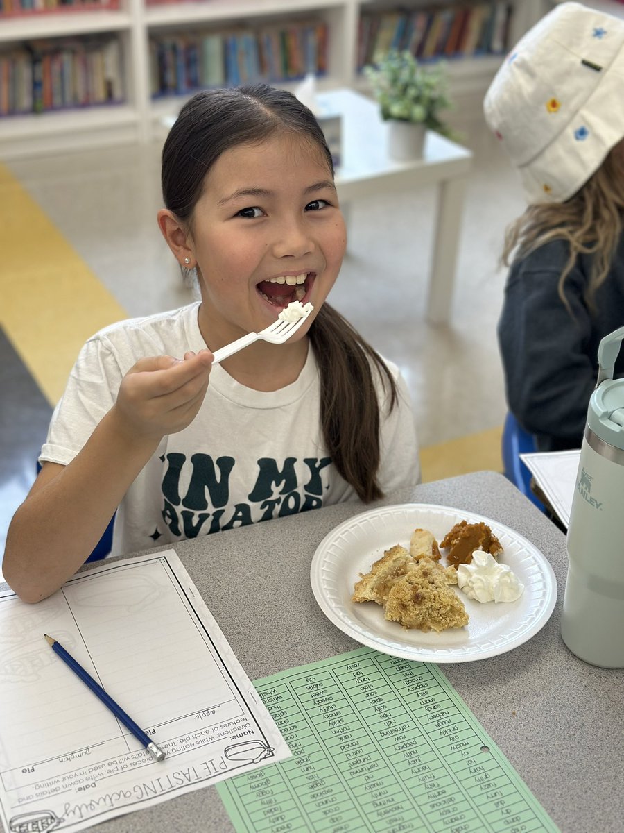 teachwithrich's tweet photo. Pie-travaganza Tasting! Practicing sensory details and expanding our sentences in writing with tasting pumpkin and apple pie! 🥧🦃 Happy Thanksgiving from fourth grade! https://t.co/h7ZdhS9qBu