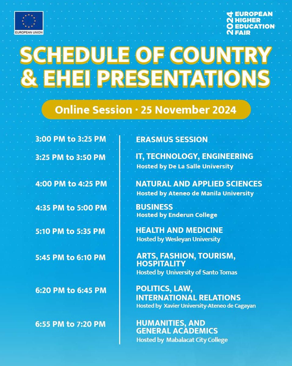 EUinthePH's tweet image. 👨‍🎓🧑‍🎓👩‍🎓👨‍💻
Discover more about your path to success and register for FREE at ehefphilippines.com✨

#EHEF2024 #PathwaysToExecellence #StudyInEU