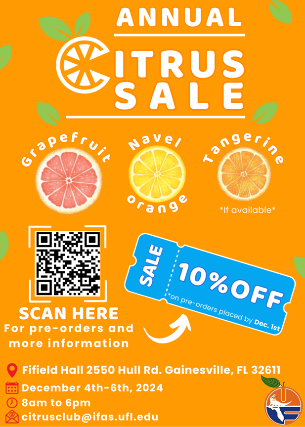 If you love citrus, this is your opportunity to enjoy the best citrus in Florida 🐊. Our Gator Citrus Club will have the Annual Citrus Sale in Gainesville, FL #UF. 🍊Save the days, December 4-6🍊