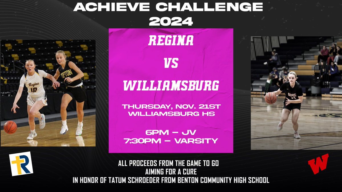 ReginaRegalsGBB's tweet photo. Join us tonight for some basketball for a good cause, as we participate in the Achieve  Challenge. Tonight “Nobody Fights Alone!”

🚨GAME DAY🚨 
🆚 Williamsburg Raiders 
⏰ JV 6 | V 7:30
📍 Williamsburg High School 

#regals #regalfamily #gameday #iowahighschoolgirlsbasketball https://t.co/ZKxaHbEmia
