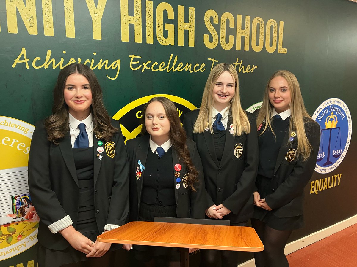 Trinityrenfrew's tweet photo. Orlaith, Katie, Isla, and Holly represented Trinity tonight in the first round of the Donald Dewar Debate Competition, and all performed superbly well in a very competitive contest. Congratulations to Isla and Holly, who have progressed to the next round. https://t.co/dkAACRpOE8