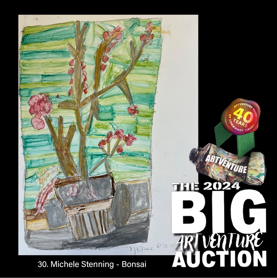 Be the first one to bid for Michele’s subtle watercolour of a bonsai. Please visit our auction site, where you can bid for the pieces of our 40th Anniversary Collection: bit.ly/ArtventureAuct…
Thank you for supporting us! 
#bonsai #watercolour￼