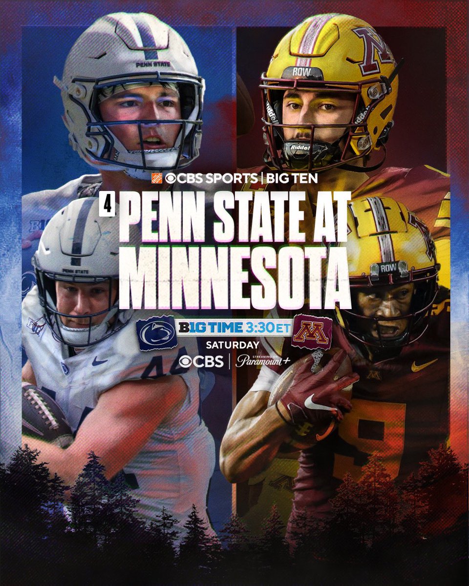 CBSSportsCFB's tweet image. This Saturday in Minneapolis, it’s B1G TIME!
No. 4 @PennStateFball faces @GopherFootball at 3:30PM ET on @CBS and @paramountplus