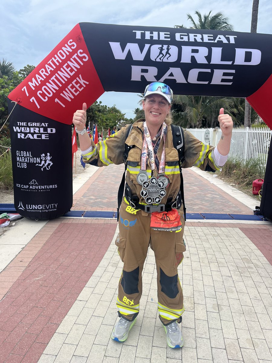 Rebecca Rowe (@bexrower) on Twitter photo 7 marathons,
7 consecutive days,
7 continents
Fire gear
BA set
Completed!
What a ride, what a week and what amazing people I shared it with!
<a href="/antarctic_fire/">Antarctic Fire Angels</a> <a href="/WFSUK1/">Women in the Fire Service UK</a> <a href="/DraegerNews/">Dräger</a> <a href="/mawwfire/">Tân CGC / MAWW Fire</a> <a href="/Haix_NAmerica/">Haix North America</a> <a href="/MiamiBeachFire/">Miami Beach Fire</a> <a href="/KingsTrust/">The King's Trust</a> 7 marathons,
7 consecutive days,
7 continents
Fire gear
BA set
Completed!
What a ride, what a week and what amazing people I shared it with!
<a href="/antarctic_fire/">Antarctic Fire Angels</a> <a href="/WFSUK1/">Women in the Fire Service UK</a> <a href="/DraegerNews/">Dräger</a> <a href="/mawwfire/">Tân CGC / MAWW Fire</a> <a href="/Haix_NAmerica/">Haix North America</a> <a href="/MiamiBeachFire/">Miami Beach Fire</a> <a href="/KingsTrust/">The King's Trust</a>