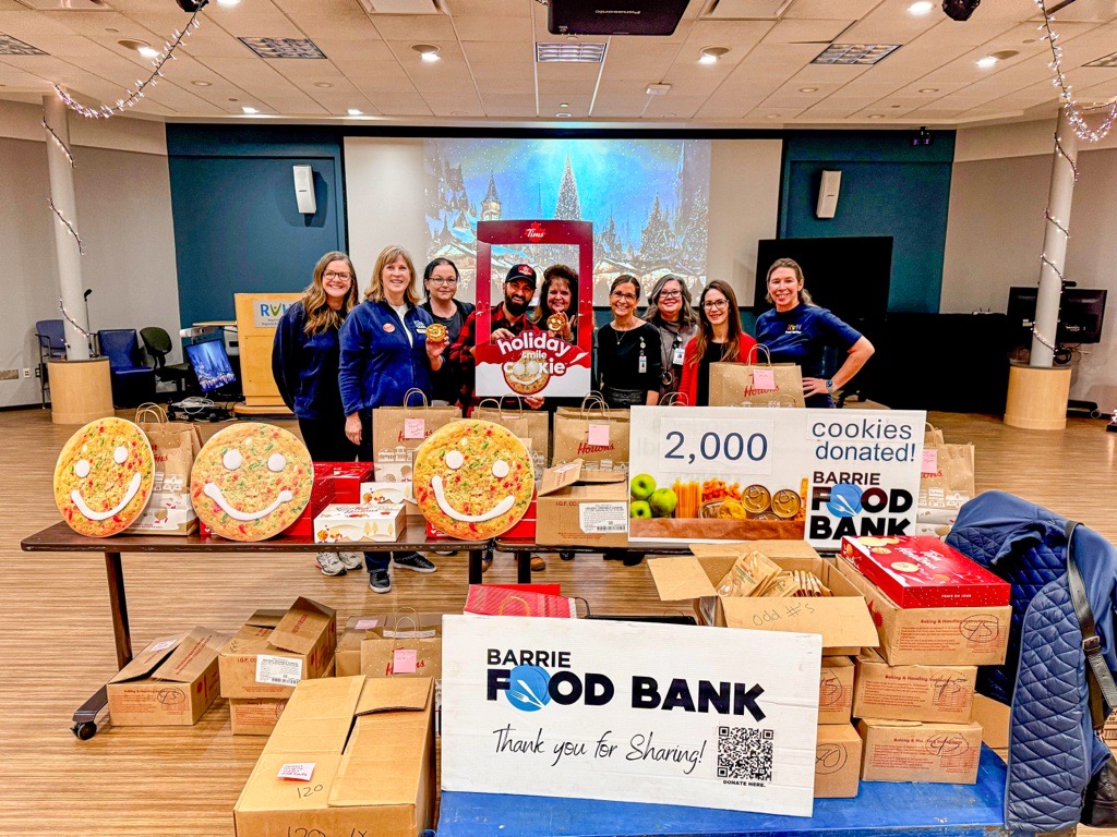 Thank you, Paul Sadlon, for making Team RVH smile while supporting the Barrie Food Bank with a delivery of Tim Hortons Holiday Smile Cookies purchased from local franchisee Johnny Mizzoni. 😀 🍪 Thanks also to the Barrie Food Bank's Karen Shuh for helping hand out the cookies.