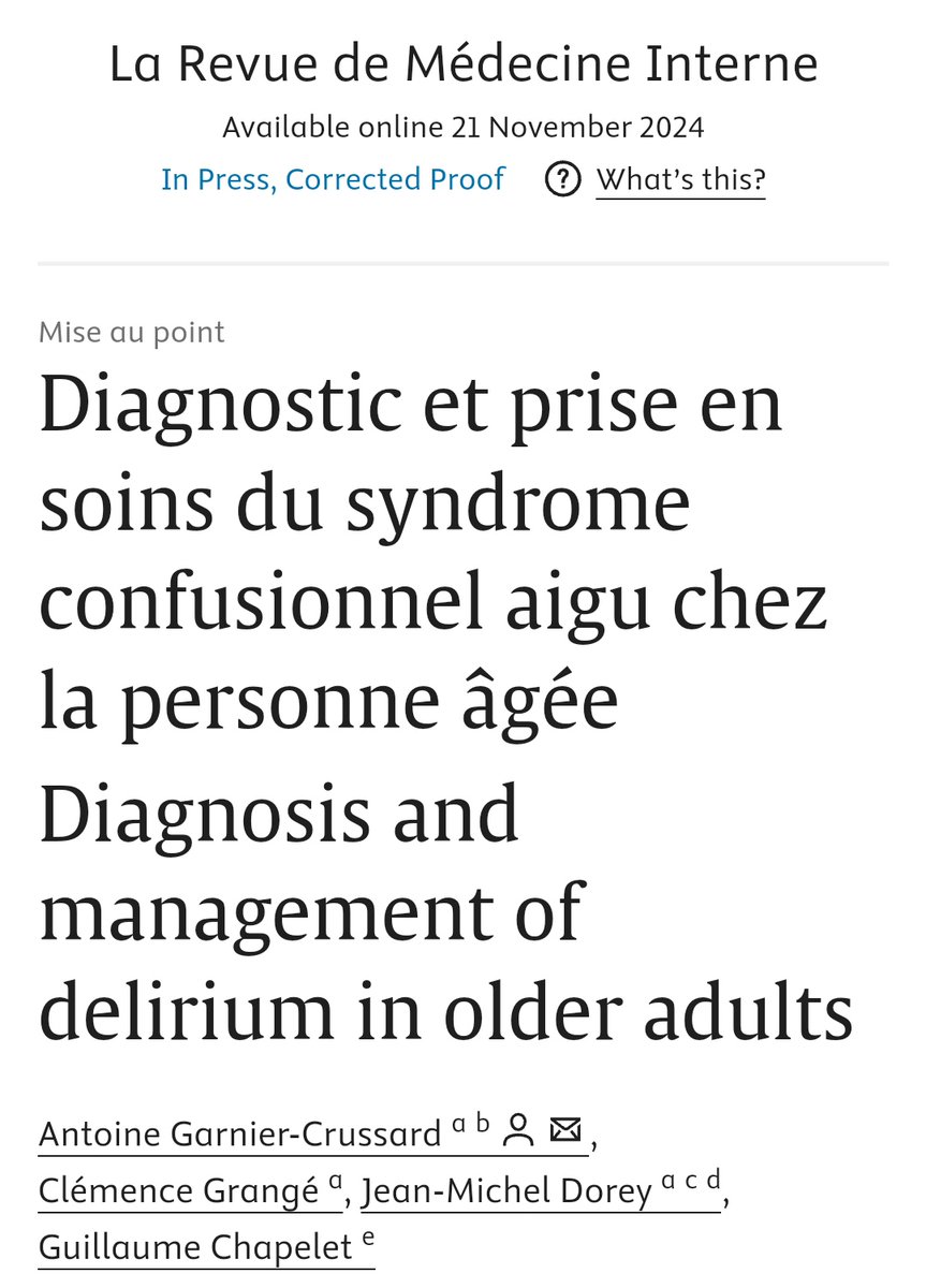 Antoine Garnier-Crussard (@garniercrussard) on Twitter photo Thrilled to share this french review on diagnosis and management of delirium 🤯 in older adults ! We discussed diagnosis, relationships between delirium and management of delirium ! In <a href="/RevMedInterne/">La Revue de Médecine Interne</a>
🇫🇷🔓Open access
sciencedirect.com/science/articl… Thrilled to share this french review on diagnosis and management of delirium 🤯 in older adults ! We discussed diagnosis, relationships between delirium and management of delirium ! In <a href="/RevMedInterne/">La Revue de Médecine Interne</a>
🇫🇷🔓Open access
sciencedirect.com/science/articl…