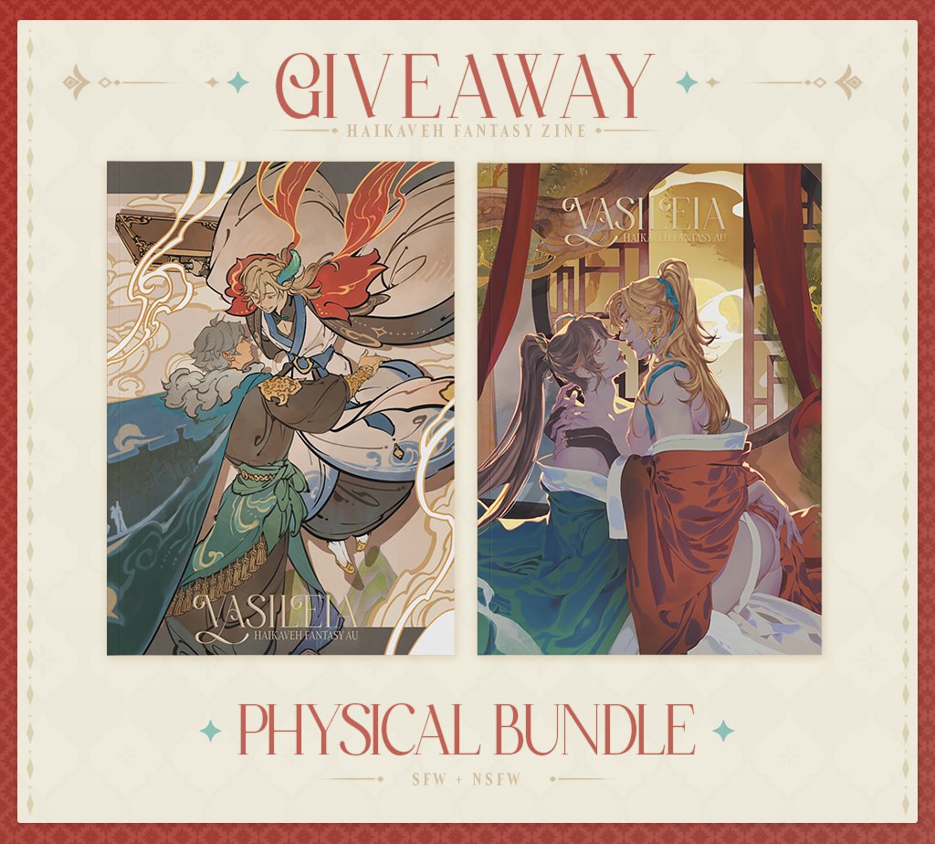 ✦ 𝐏𝐇𝐘𝐒 𝐁𝐔𝐍𝐃𝐋𝐄 𝐆𝐈𝐕𝐄𝐀𝐖𝐀𝐘 ✦ 
Thanks to an anonymous donator, we will be giving away a physical bundle of the #haikaveh fantasy AU zine!

To participate:  
✦ Follow <a href="/haikavehAUzine/">Digital orders open! ✦ HKVH Fantasy AU zine</a>
✦ Retweet the GA 
✦ Comment with your fav character!

End: Nov 24th 1:59PM EST!