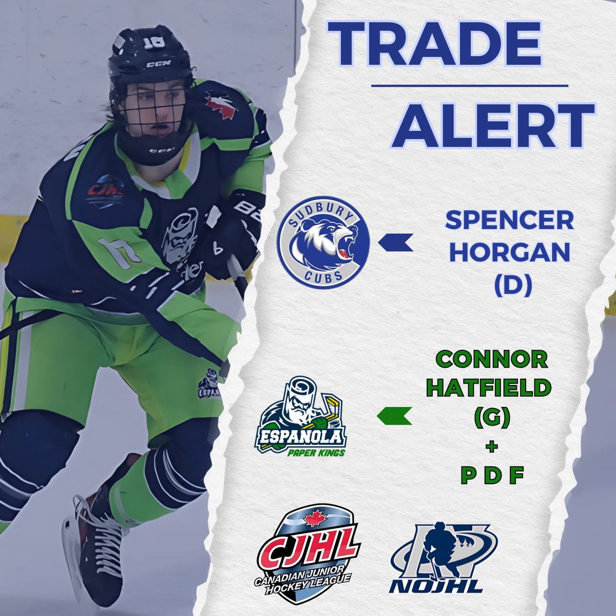 CubsNOJHL's tweet photo. 🚨 TRADE ALERT 🚨
 Welcome to #CubsCountry, Spencer Horgan! 🐾 

The defenceman from Bowmanville, ON., joins us in a trade from the Espanola Paper Kings in exchange for goaltender Connor Hatfield and a PDF.

AND he’s in the lineup TONIGHT! 👀 

#BearDown #DefenceStrong #NOJHL https://t.co/GnfF32X84T