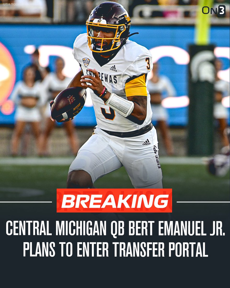 Central Michigan QB Bert Emanuel Jr. plans to enter the NCAA Transfer Portal, he announced.   

Jr. is the son of former NFL star Bert Emanuel Sr. 

on3.com/news/central-m…