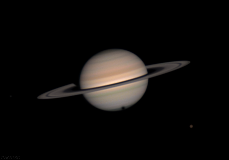 tw__astro's tweet photo. The final image from yesterday showing the shadow of #Titan falling on the cloud tops of #Saturn - the first such event in nearly 15 years. 
The night started pretty terribly, but some moments of reasonable seeing conditions arrived with the high cloud. Pleased to have caught the event!
#telescope #astrophotography