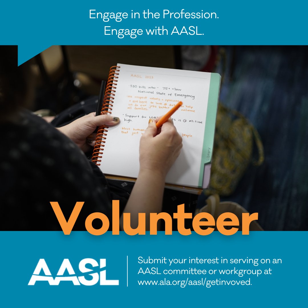 Committees, editorial boards, and task forces - oh my! AASL has many opportunities for members of the profession to participate in the association's work. Submit your interest to volunteer today at: ala.org/aasl/getinvolv…