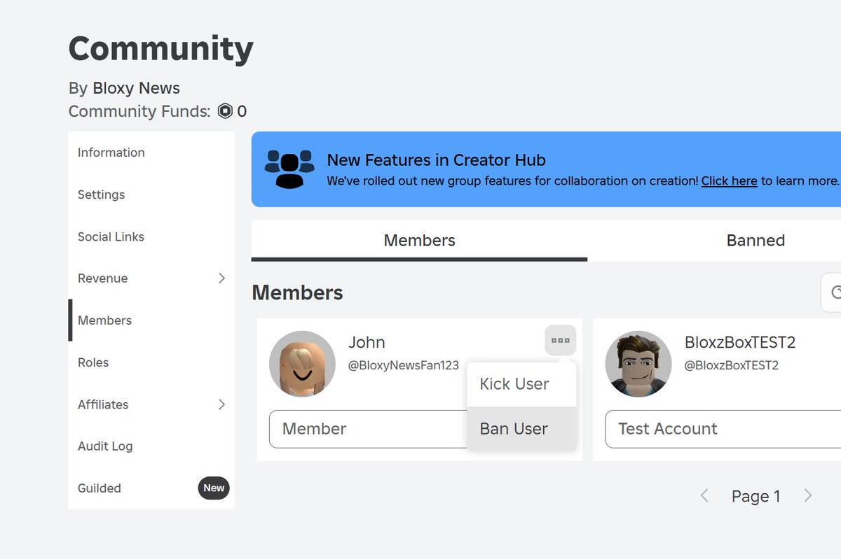 Roblox community (group) owners now have the ability to ban users, stopping them from rejoining. Additionally, the term "Exile" has been updated to "Kick."