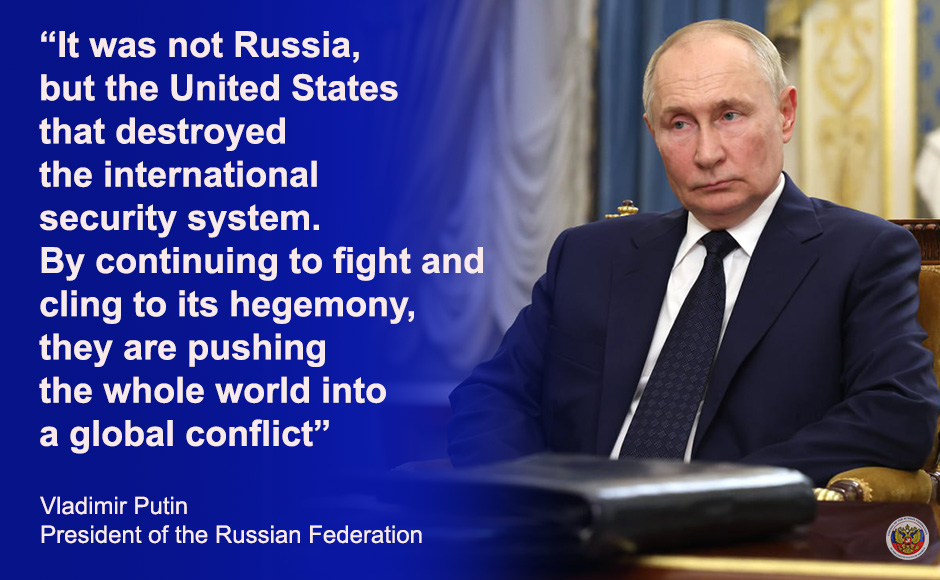 RusEmbUSA's tweet photo. From Statement by the President of Russia

We have always preferred and are ready now to resolve all disputes by #peaceful means. But we are also ready for any turn of events.

If anyone still doubts this, make no mistake: there will always be a #response

https://t.co/W8w7B5eD0b https://t.co/j2U85Bpwtc