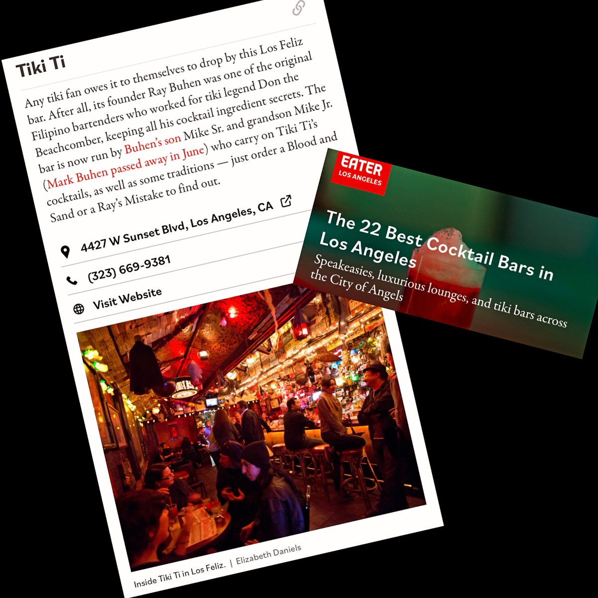 Tiki_Ti's tweet photo. Thank you to @eaterla for including us on their “22 Best Cocktail Bars in Los Angeles” list. 🙏 #tiki #tikiti #tikibar #club4427 #LosAngeles #bestbars #bestcocktailbars #tikidrinks #tikicocktails #tikitime #tikistyle #tikilife #polynesianpop #tikiaf https://t.co/mwfT53Y1bD