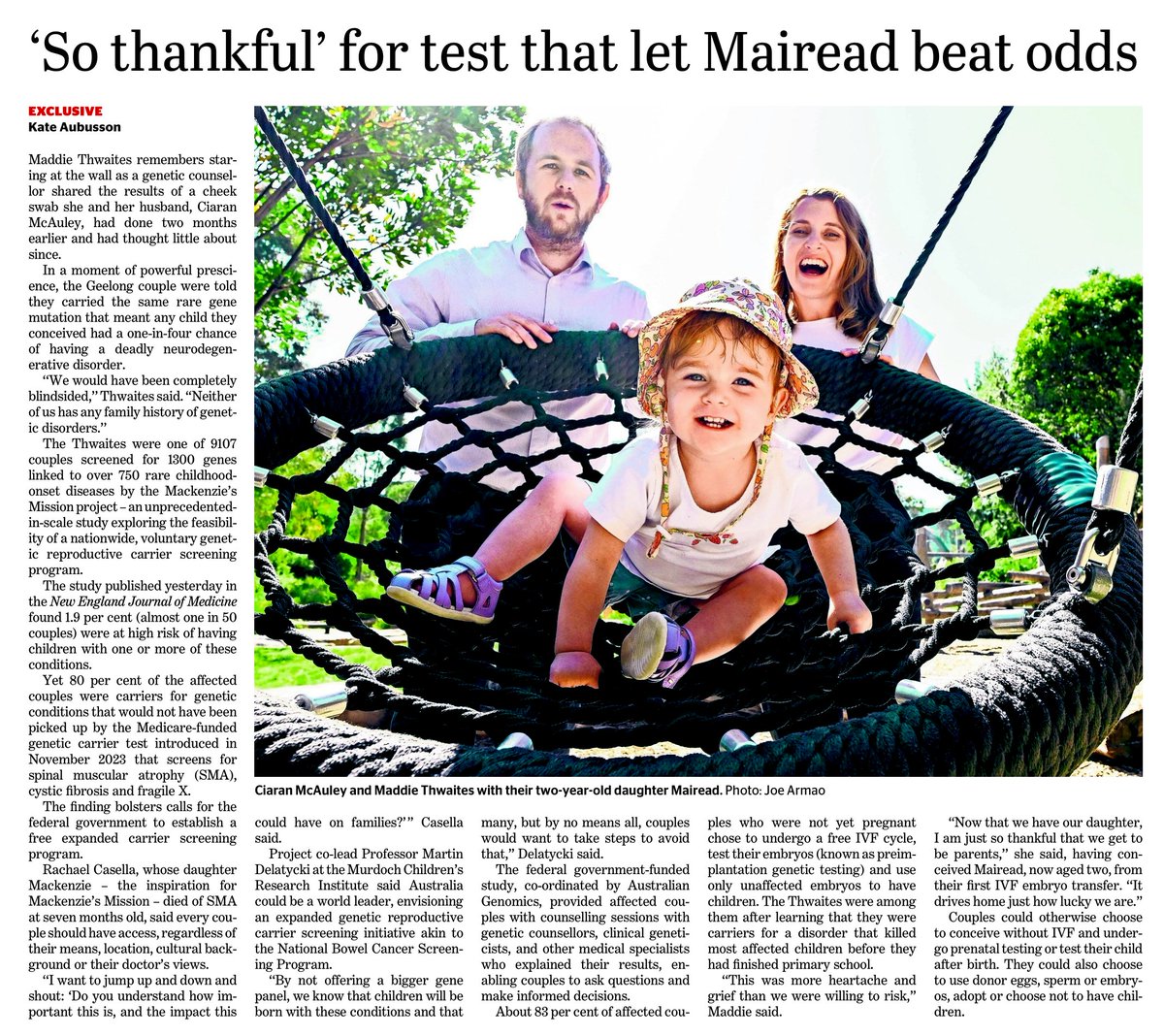 Murdoch Children's Research Institute (MCRI) (@mcri_for_kids) on Twitter photo MCRI Prof Martin Delatycki has spoken to the <a href="/smh/">The Sydney Morning Herald</a> about the impact of the #MackenziesMission project – an unprecedented study exploring the feasibility of a nationwide, voluntary #genetic reproductive carrier screening program. #Genomics <a href="/TeamVCGS/">Victorian Clinical Genetics Services (VCGS)</a> <a href="/AusGenomics/">Australian Genomics</a>
More ⬇️ MCRI Prof Martin Delatycki has spoken to the <a href="/smh/">The Sydney Morning Herald</a> about the impact of the #MackenziesMission project – an unprecedented study exploring the feasibility of a nationwide, voluntary #genetic reproductive carrier screening program. #Genomics <a href="/TeamVCGS/">Victorian Clinical Genetics Services (VCGS)</a> <a href="/AusGenomics/">Australian Genomics</a>
More ⬇️