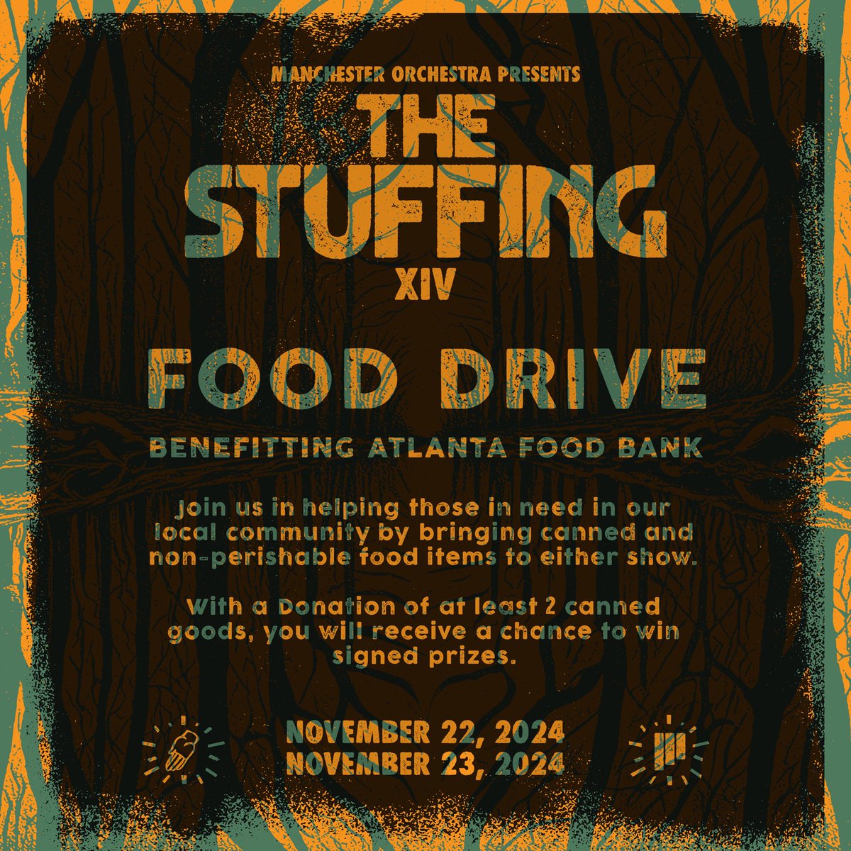 Manchester Orchestra (@manchesterorch) on Twitter photo Bring canned and non-perishable food donations for <a href="/ACFB/">Atlanta Community Food Bank</a> to either nights of The Stuffing for the chance to win a signed setlist from the band! Bring canned and non-perishable food donations for <a href="/ACFB/">Atlanta Community Food Bank</a> to either nights of The Stuffing for the chance to win a signed setlist from the band!